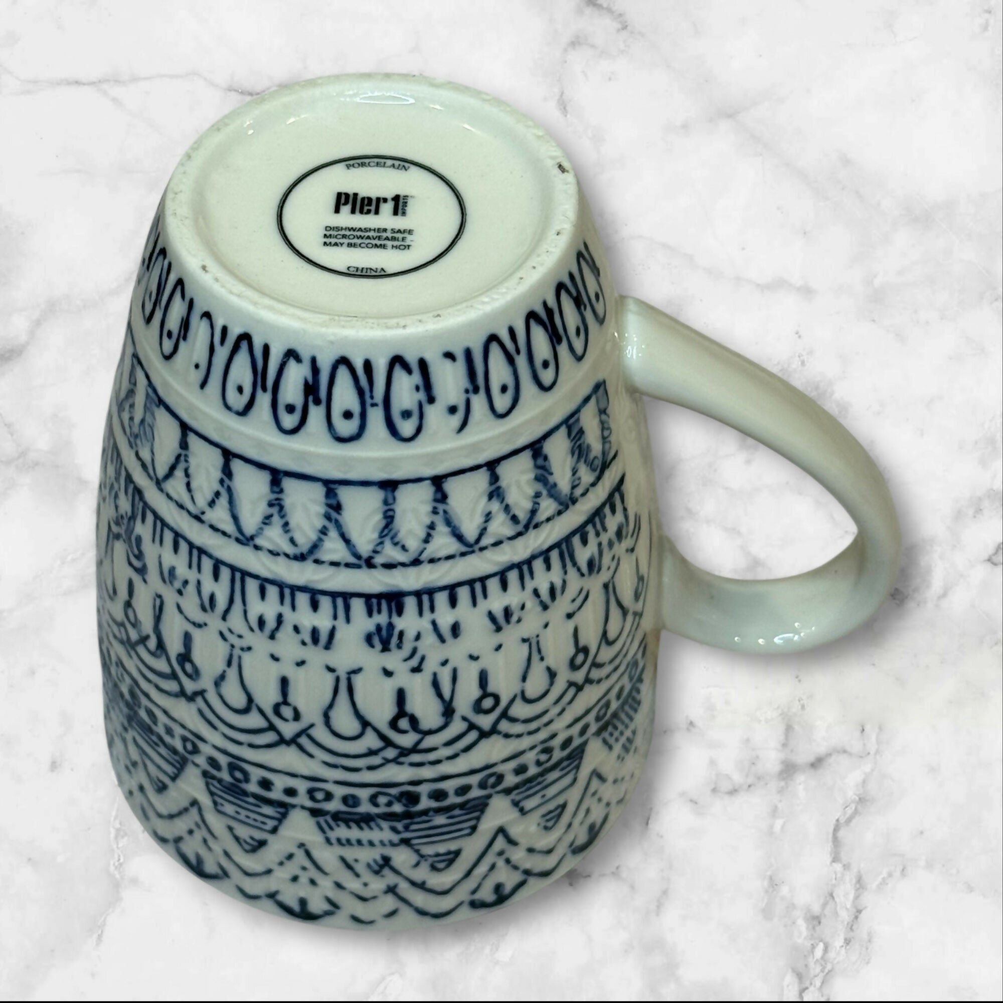 Pier 1 Embossed Blue & White Porcelain Mugs | Set of 2 | Excellent Condition