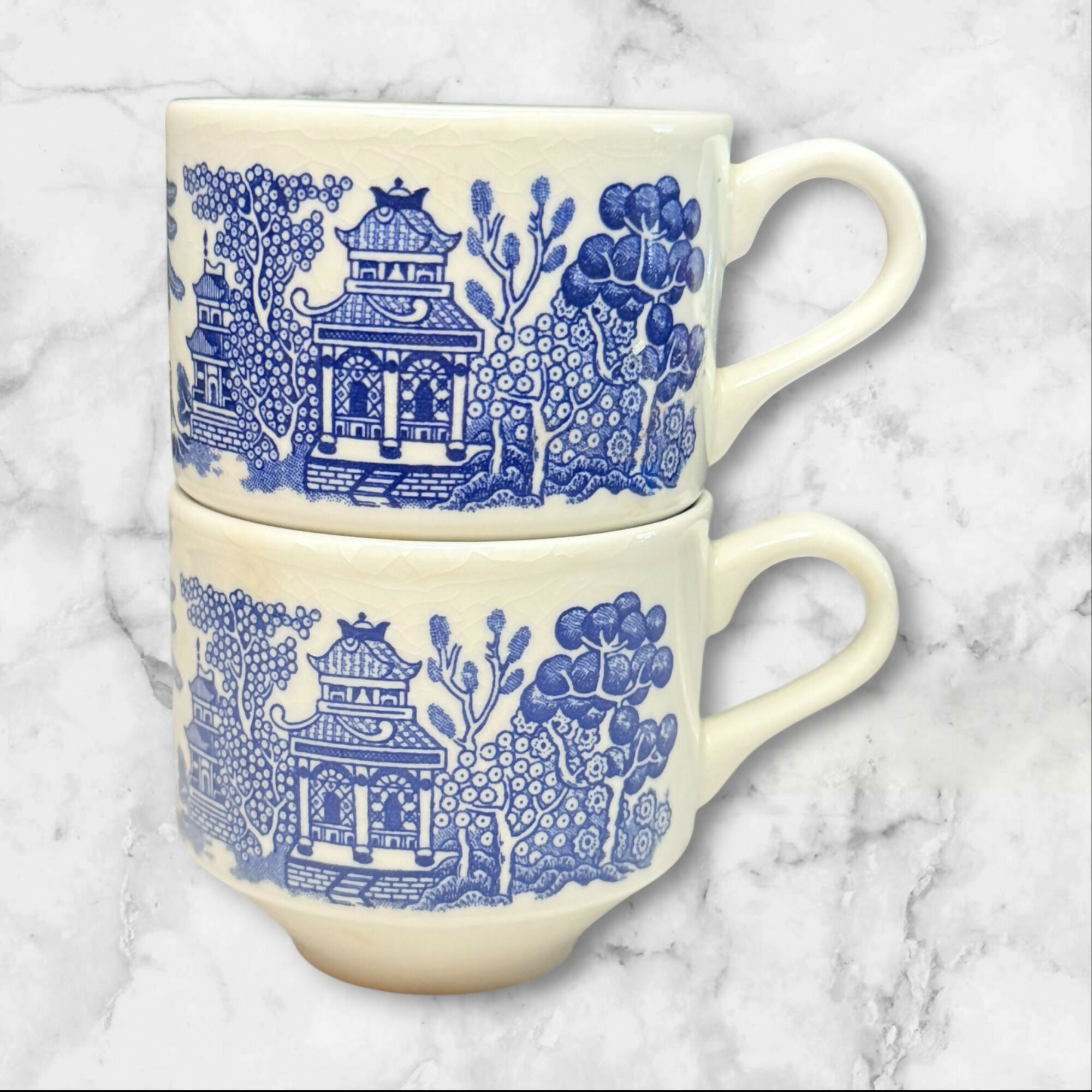 Churchill Willow Blue Georgian Shape Breakfast Cups | Set of 2 | Vintage