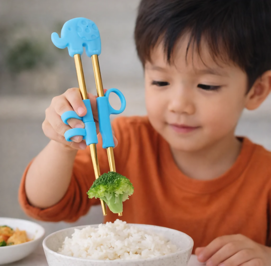 Anygleam Blue Gold Elephant Chopsticks – 1 Pair | Reusable Stainless Steel Cartoon Kids Utensils