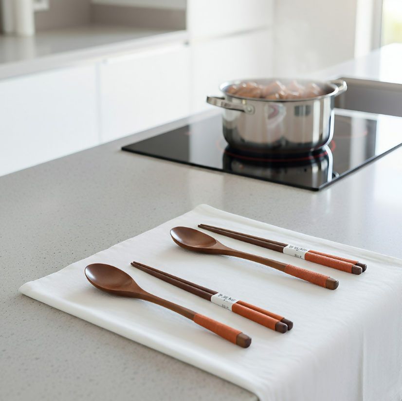Anygleam Brown 4pcs Wooden Chopsticks and Long Ladle Set Reusable Kitchen Tableware
