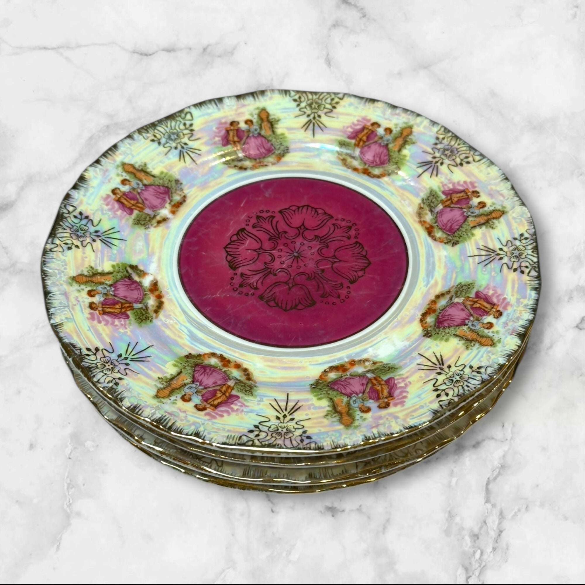 Vintage Japanese Lustreware Courting Couple Salad Plates | Set of 4 | Good Condition