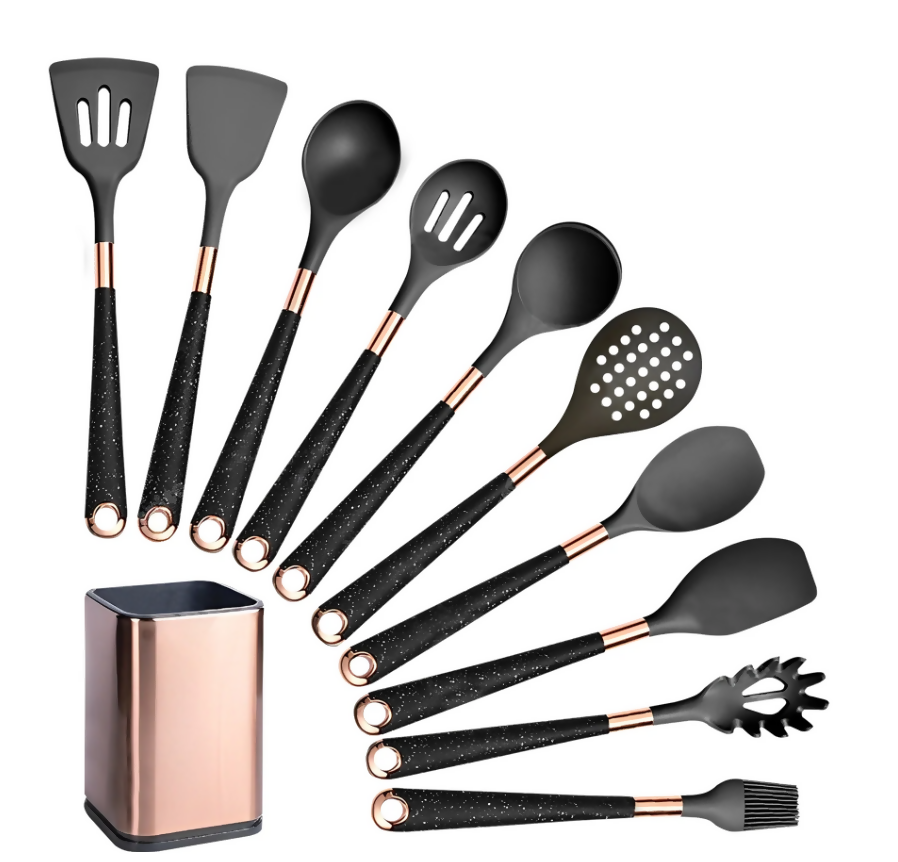 Anygleam Kitchen Utensils Non-stick Black 10 Set Gold Plated Handle with Support Point and Storage Box Cooking Tool Accessories Heat Resistant Kitchenware