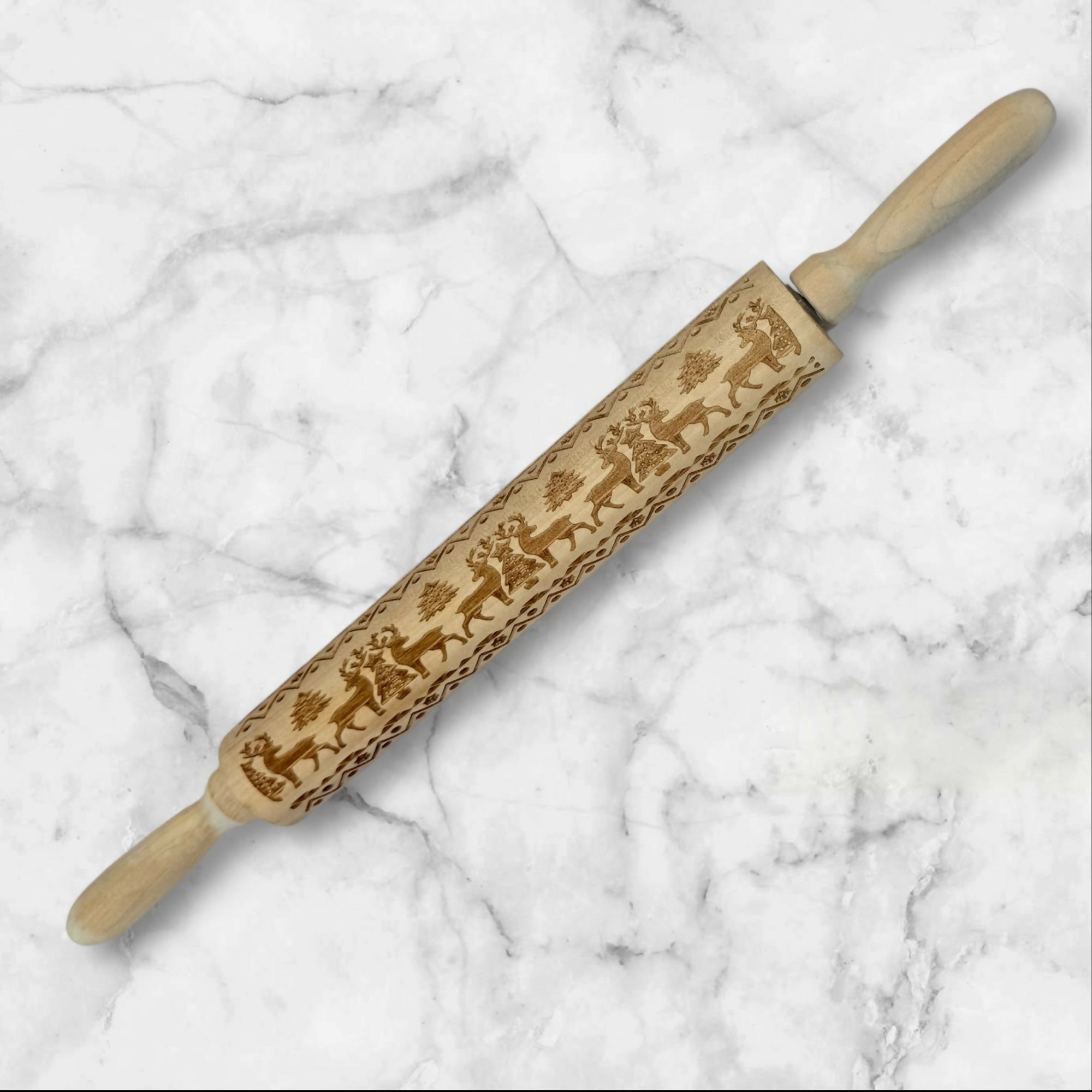 Vintage Christmas Embossed Rolling Pin Reindeer Wood | Excellent Condition