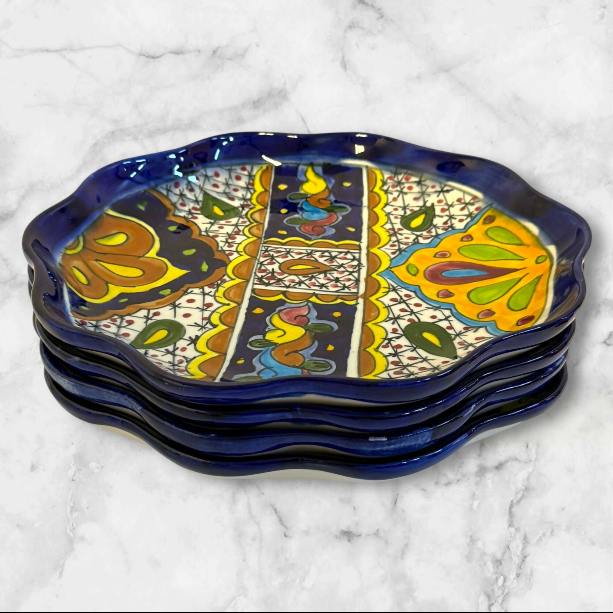 Mexico Talavera Q Hand-Painted Dinner Plates 12.25” | Set of 4 | Excellent
