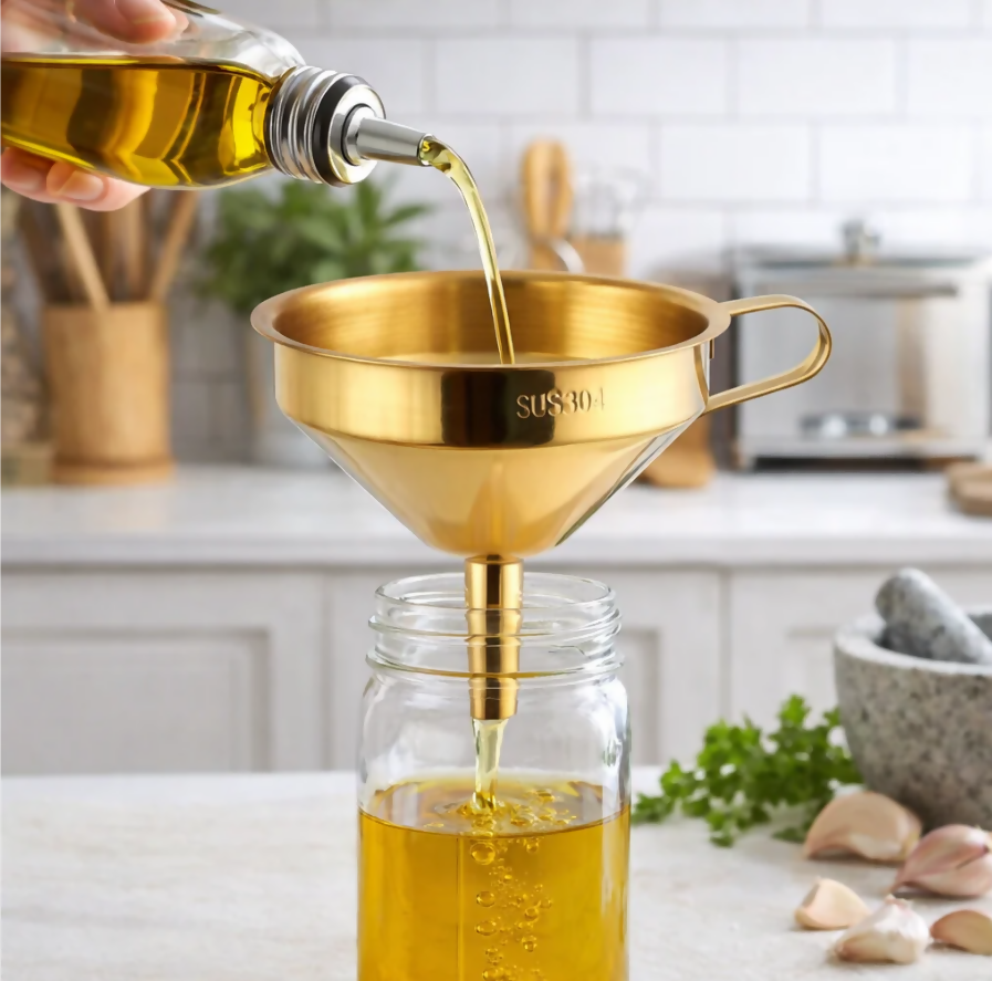 Anygleam Stainless Steel Funnel with Detachable Strainer –1 Pc Gold Wide Cone Mouth for Small Jars, Silver Kitchen Utensil