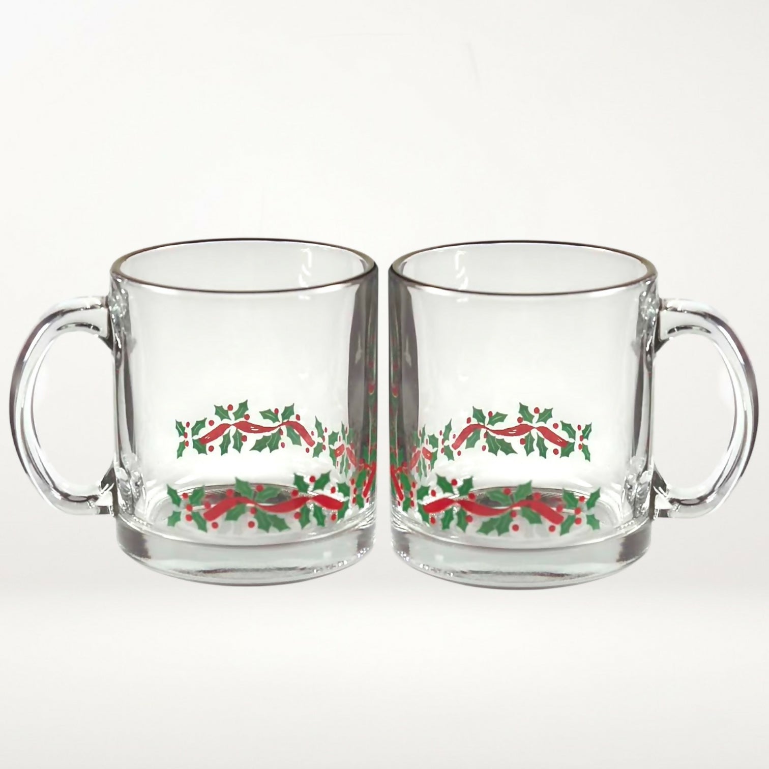 Libbey Holiday Ribbon & Holly Glass Mugs | Set of 2 | Excellent Condition
