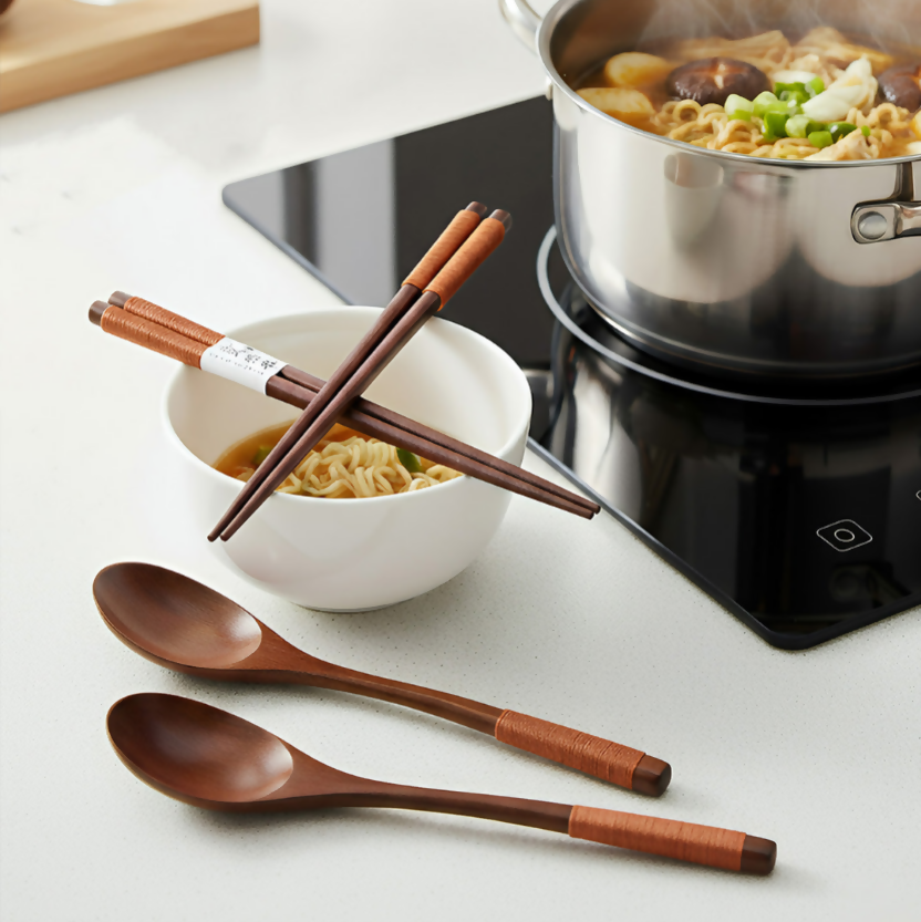 Anygleam Brown 4pcs Wooden Chopsticks and Long Ladle Set Reusable Kitchen Tableware