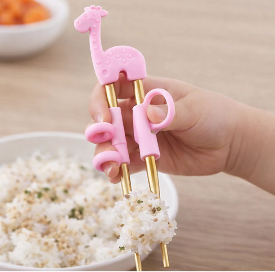 Anygleam Pink Gold Giraffe Chopsticks – 1 Pair | Reusable Stainless Steel Cartoon Kids Utensils