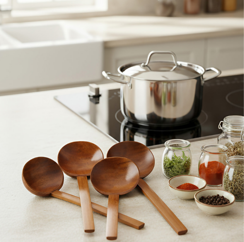 Anygleam Mixed Brown 4pcs Wooden Strainer Soup Spoon Kitchen Tableware