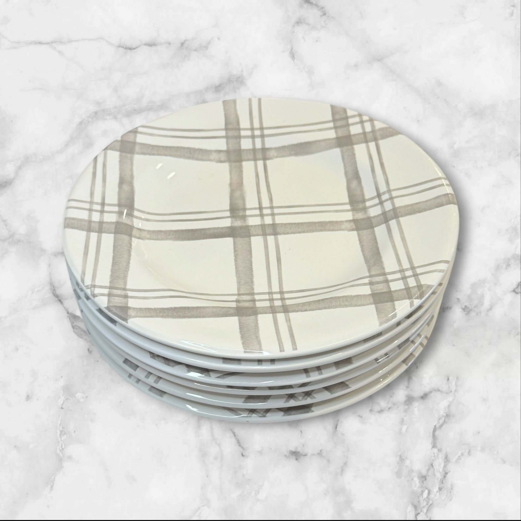 Pier 1 Linen Gray Plaid Salad Plates | Set of 6 | Ironstone | Excellent Condition