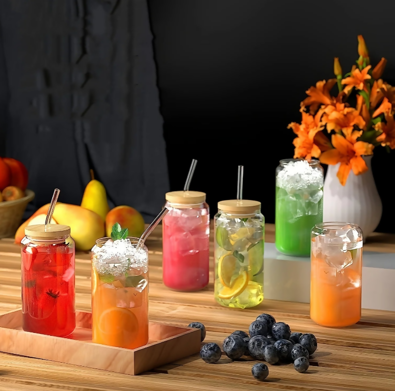 Anygleam Glass Tumbler With Straw Wooden Lid Transparent Ins Style Drinkware