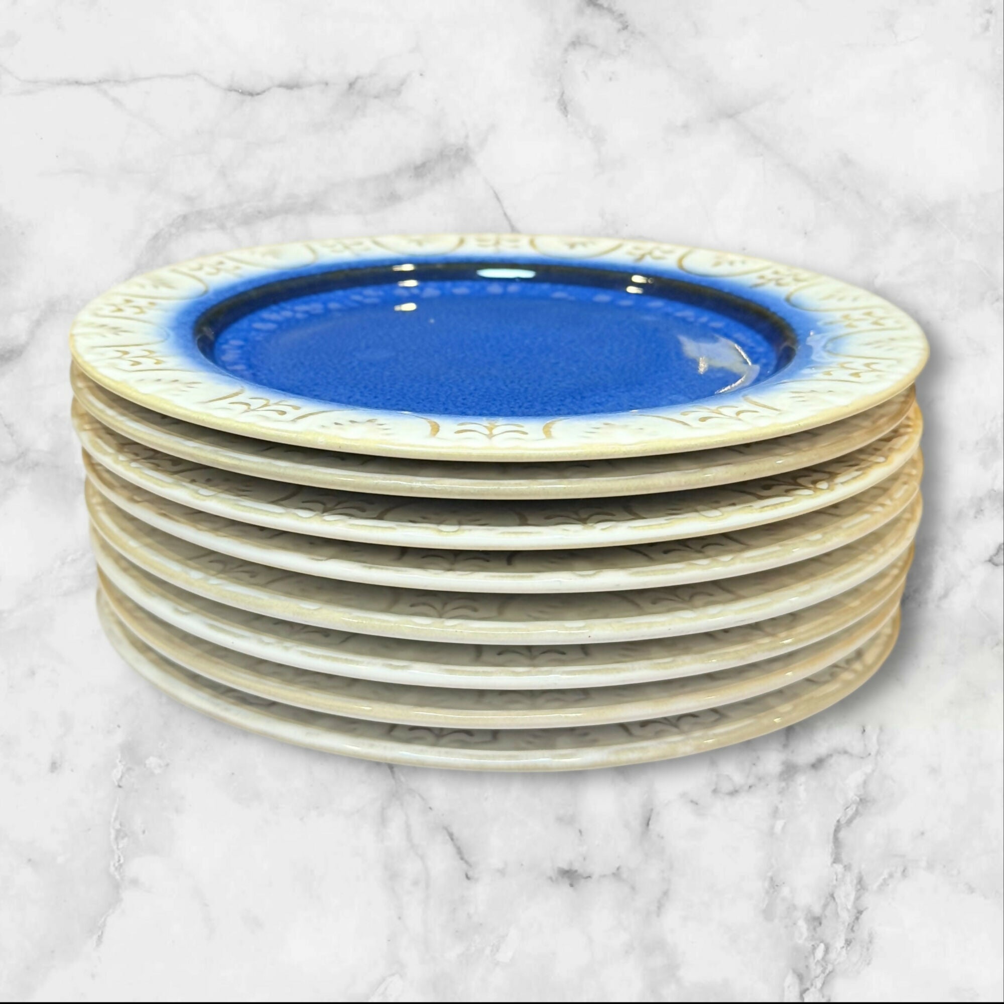 American Atelier Blue Stoneware Salad Plates | Set of 7 | Good Condition