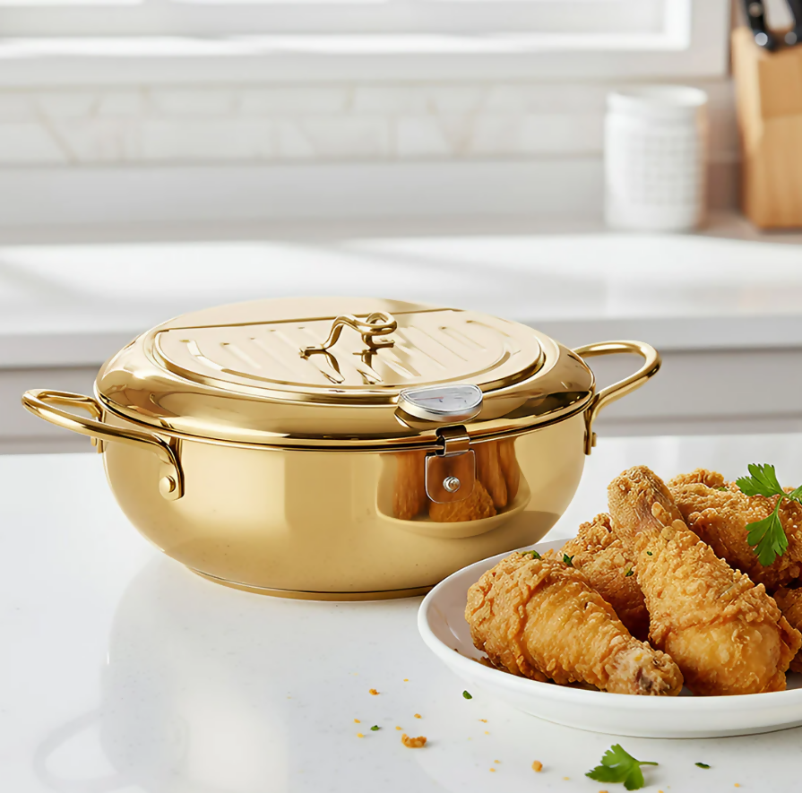 Frying Pan Gold Stainless Steel Thermometer Kitchen Utensils Tempura Fryer Pan Temperature Control Fried Cooking Tools