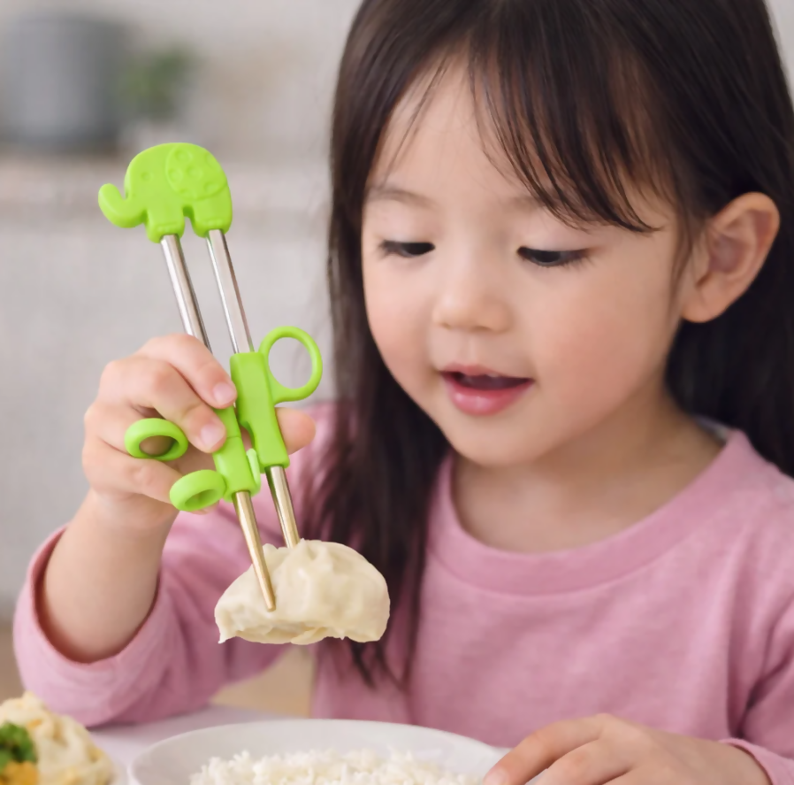 Anygleam Green Silver Elephant Chopsticks – 1 Pair | Reusable Stainless Steel Cartoon Kids Utensils