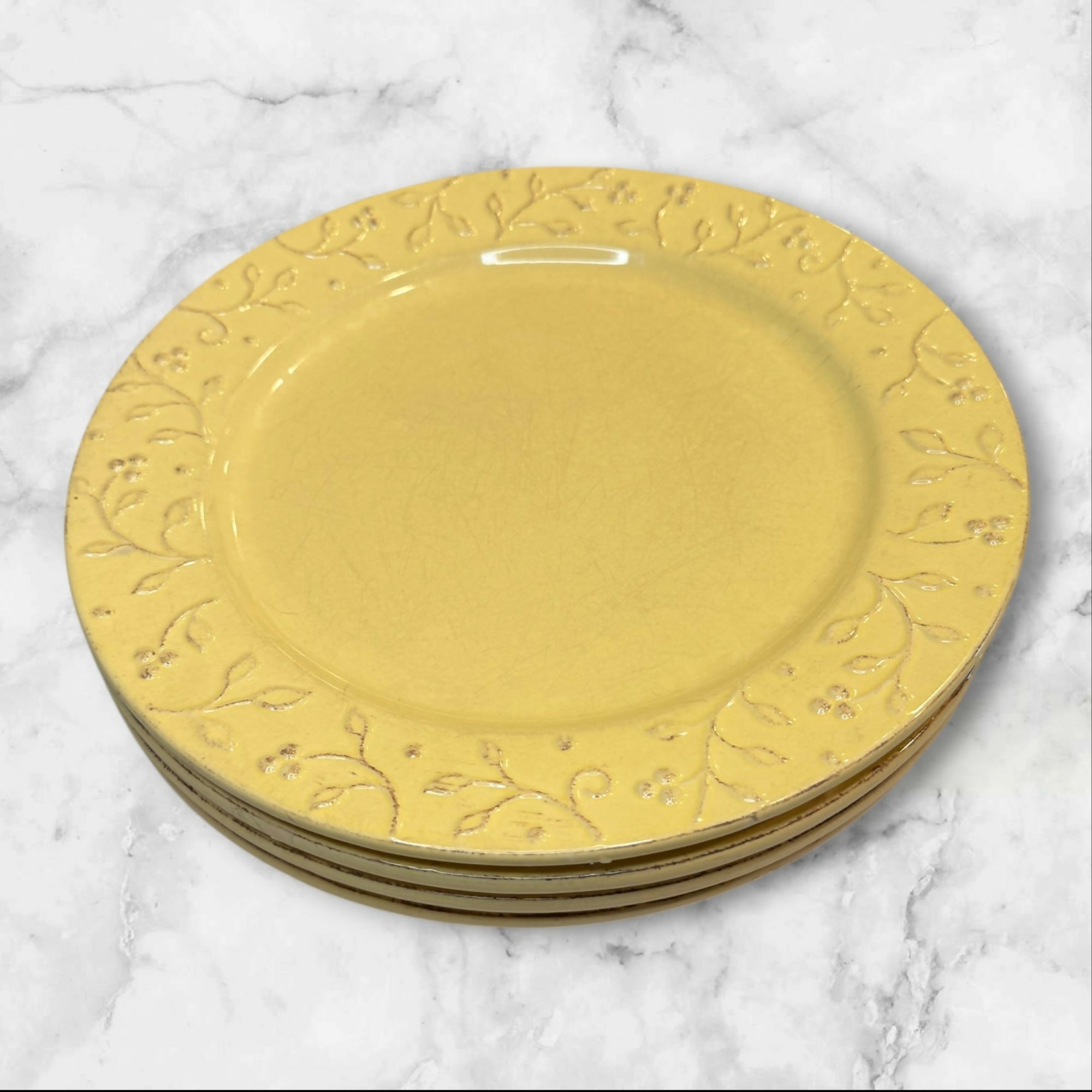 Certified International Chelsea Yellow Embossed Dinner Plates Set of 4 | Gently Used