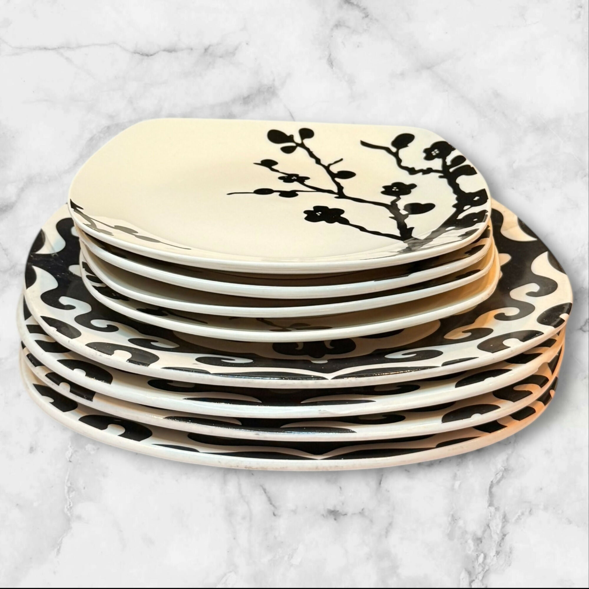 Roscher Black & White Floral Scroll Stoneware Plates | Set of 8 | Gently Used