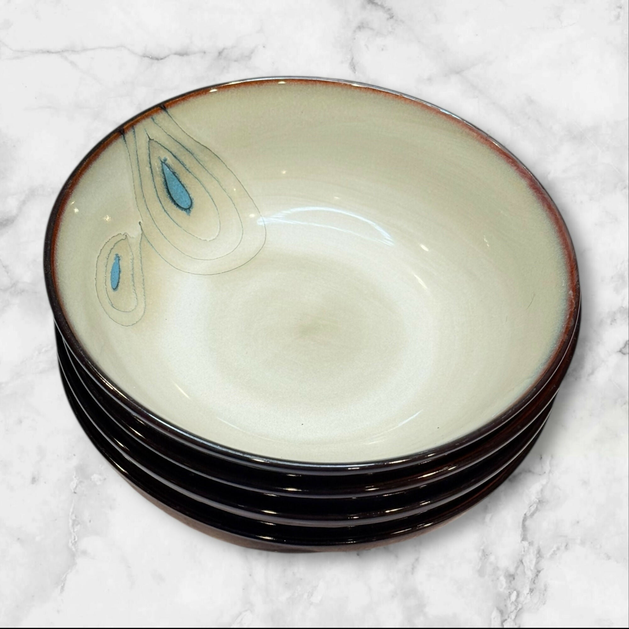 Pier 1 Teal Reactive Peacock Soup Cereal Bowls | Set of 4 | Excellent