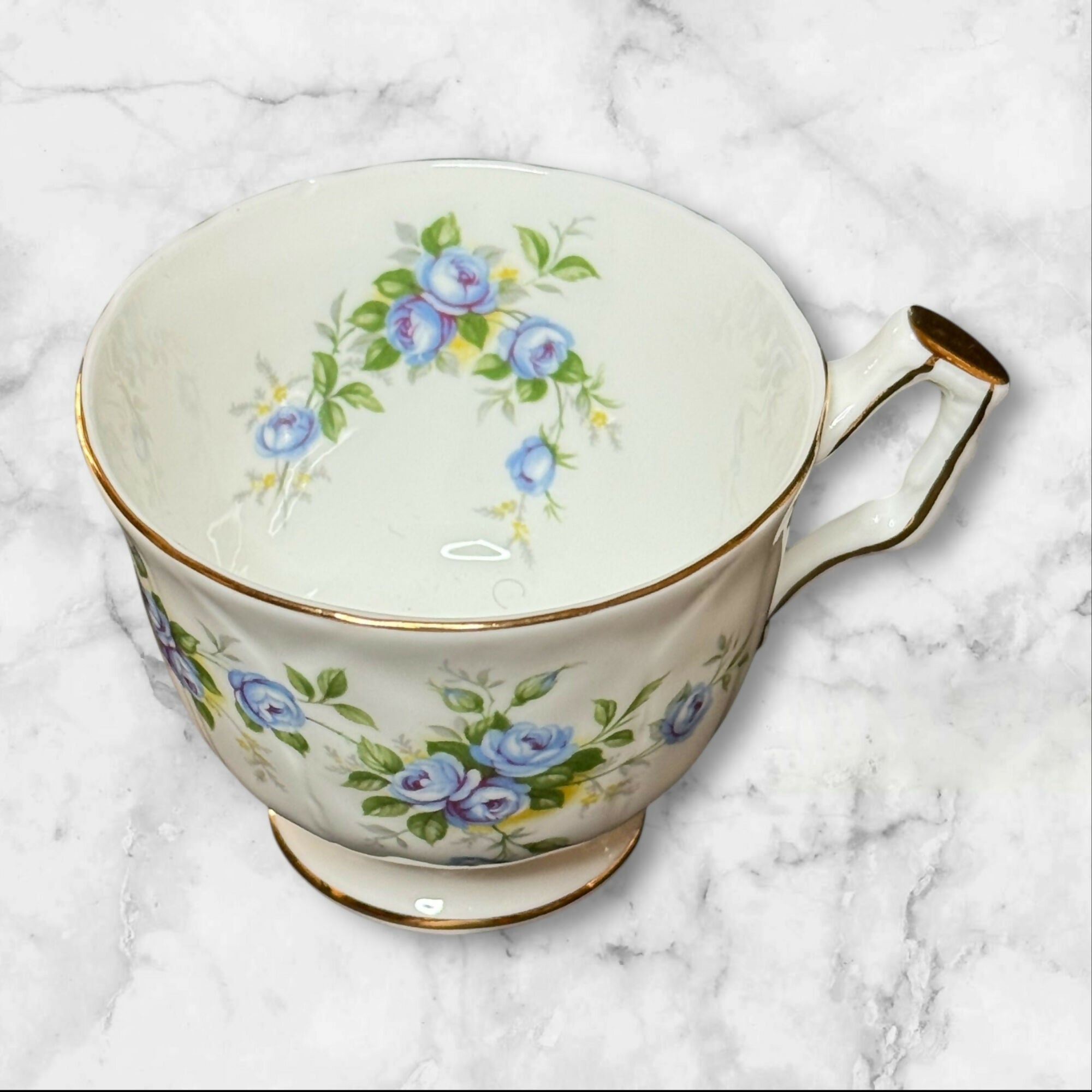 Aynsley Marine Rose 2872 Teacup & Saucer | Blue Floral Gold Trim | England