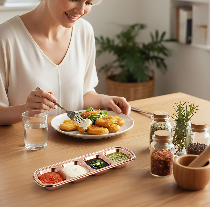 Anygleam Rose Gold Stainless Steel 4-Grid Sauce Dish – Seasoning & Dipping Plates for Kitchenware