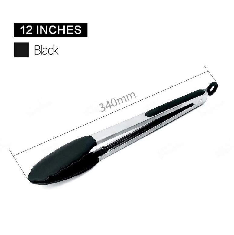 Anygleam Tong Stainless Steel Large Black Handle Clip Heat Resistant Cooking Baking Salad Steak Kitchen Gadget
