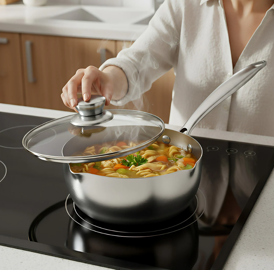 Anygleam Stock Pot Silver Non-Stick Stainless Steel Kitchen Snow Pan Noodle Soup with Lid Cooker Universal Cookware