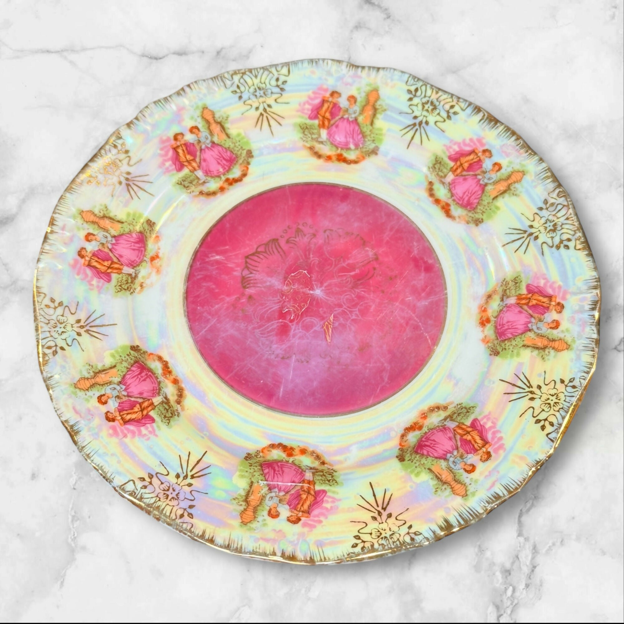 Vintage Japanese Lustreware Courting Couple Salad Plates | Set of 4 | Good Condition