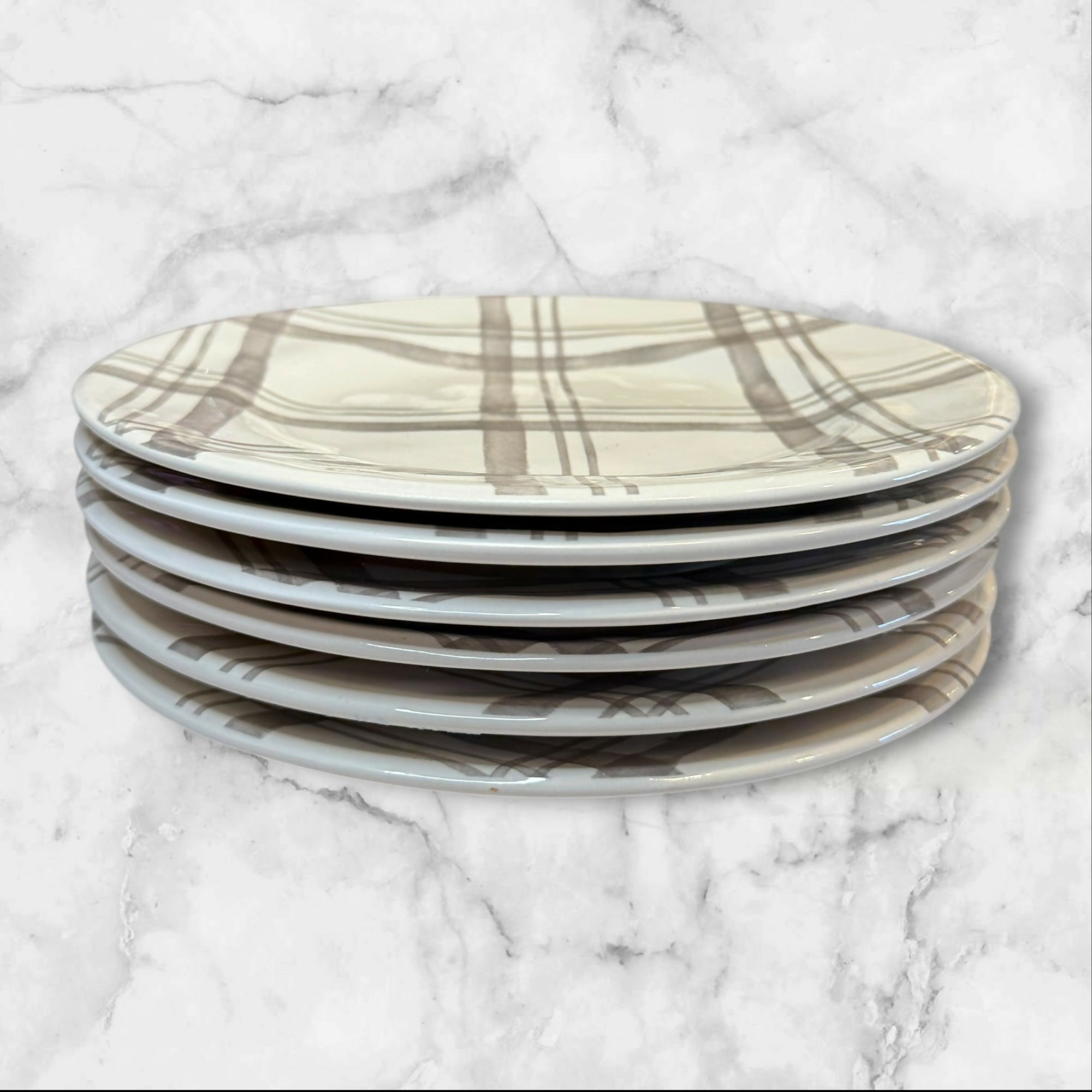 Pier 1 Linen Gray Plaid Salad Plates | Set of 6 | Ironstone | Excellent Condition