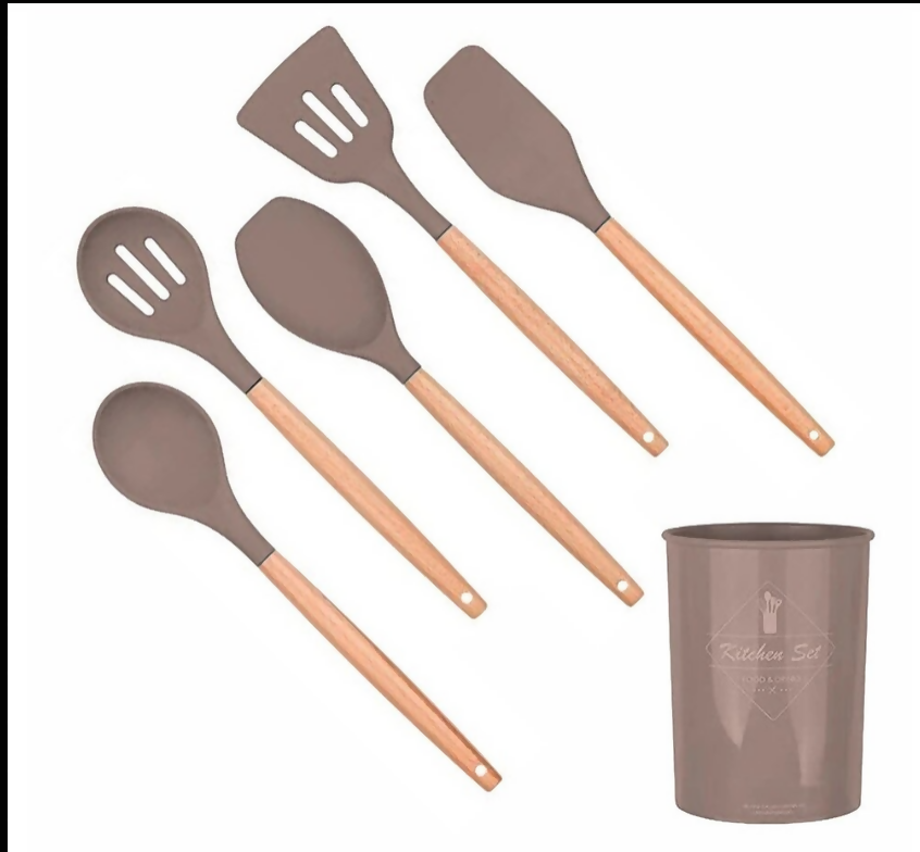 Anygleam Kitchen Utensils 5 Set Khaki Natural Beech Wooden Handle Cookware Tool with Storage Heat Resistant Non Stick Accessories
