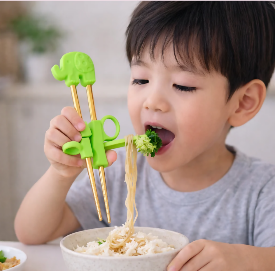 Anygleam Green Gold Elephant Chopsticks – 1 Pair | Reusable Stainless Steel Cartoon Kids Utensils