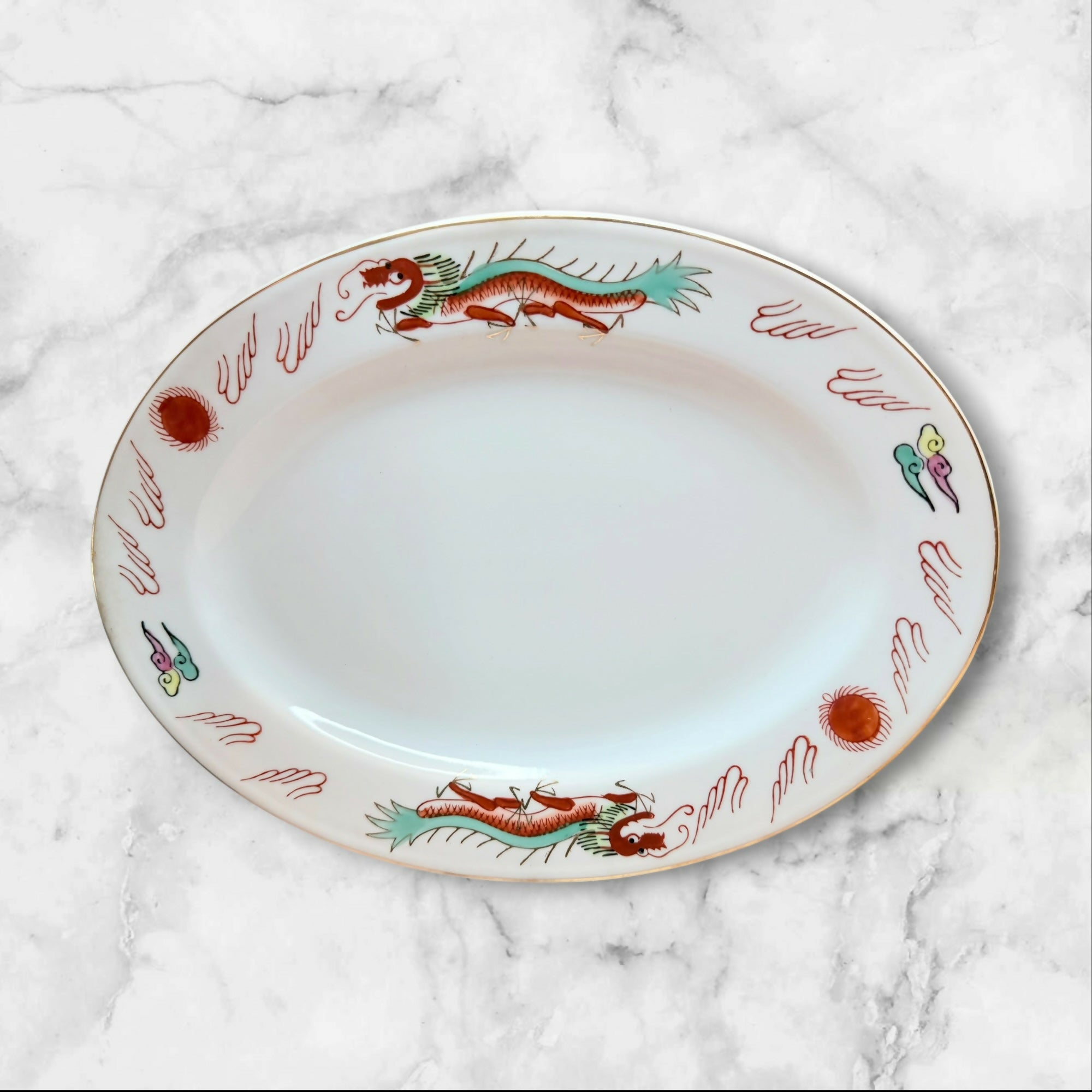 Vintage Red Dragon Oval Dinner Plates Set of 4 | Chinese Restaurant Ware | Exc
