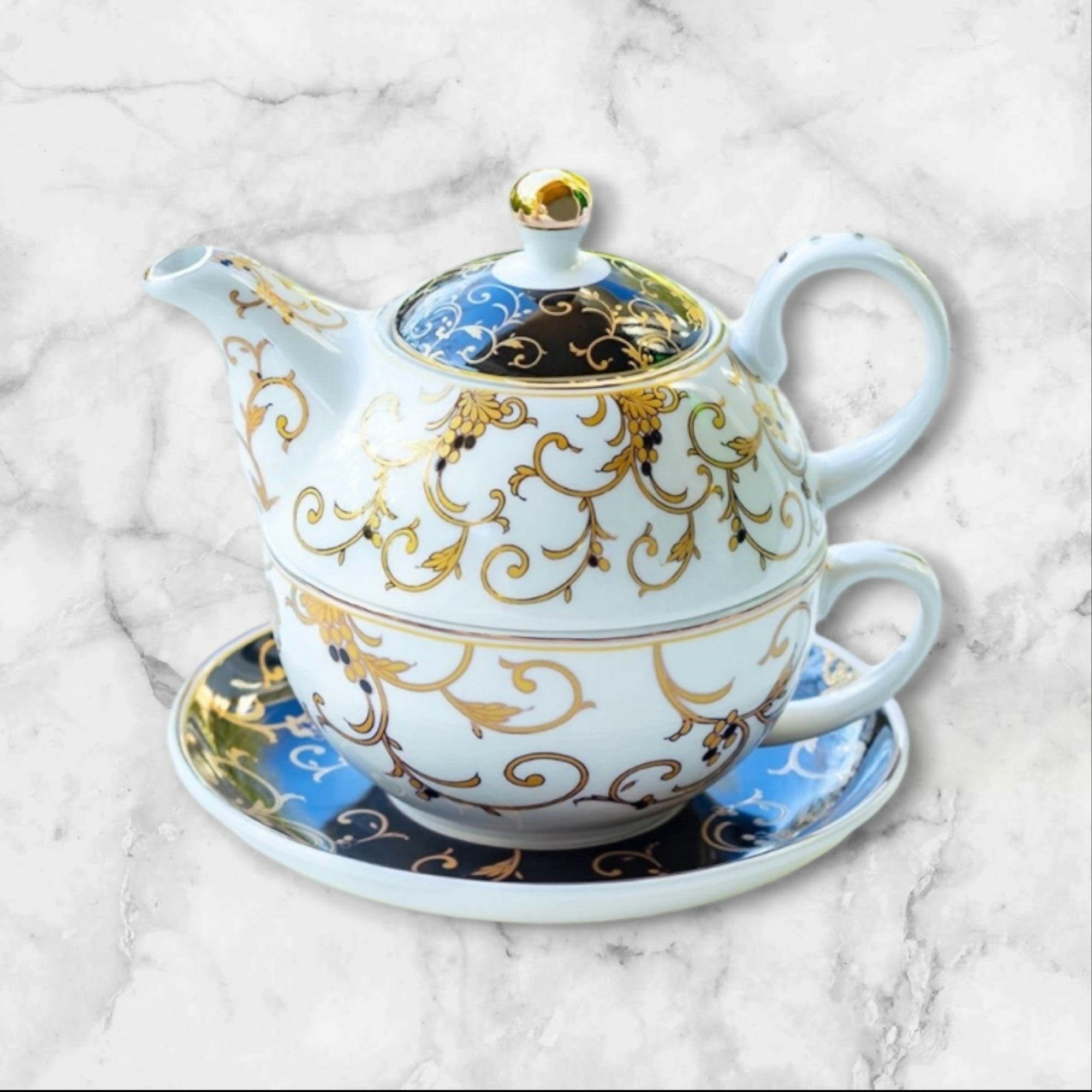 Grace Teaware China Black Gold Scroll Tea For One Set | Single | Excellent Condition