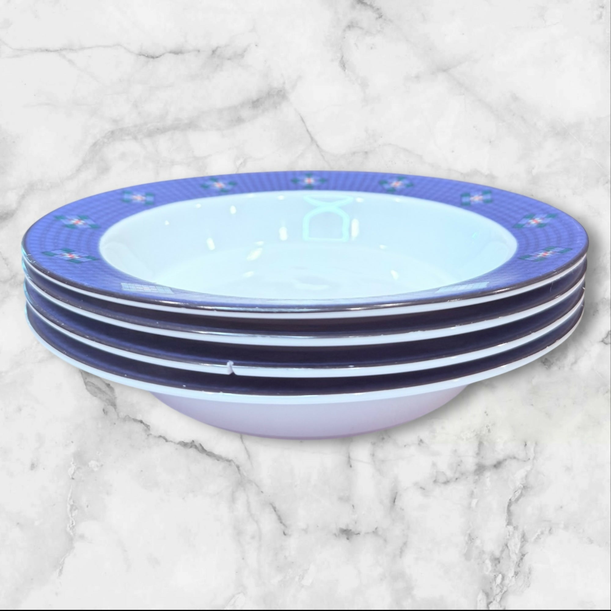 Dansk Nine Patch Rim Soup Bowls Blue White | Set of 4 | Great Condition