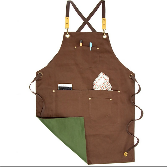 Anypron Green Brown Cooking Apron for Men Women Chef Cafe Workwear