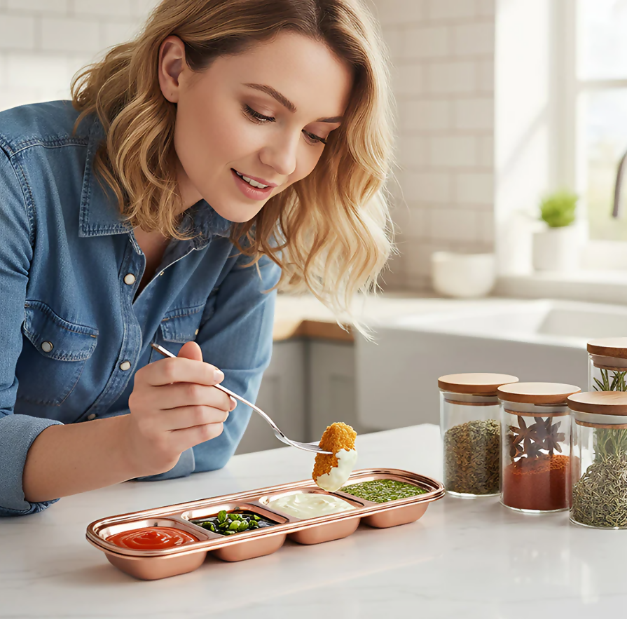 Anygleam Rose Gold Stainless Steel 4-Grid Sauce Dish – Seasoning & Dipping Plates for Kitchenware
