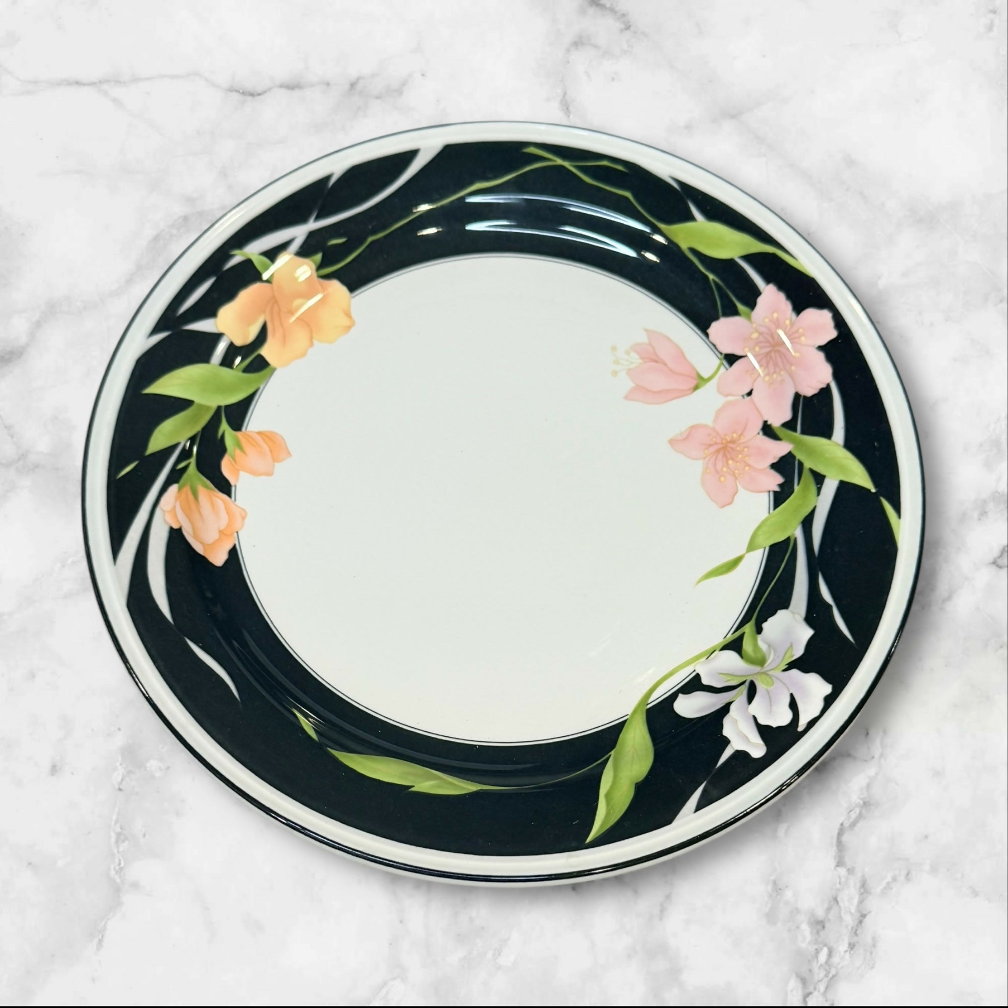 Sango Memories Dinner Plates Set of 4 Floral Black Rim EUC