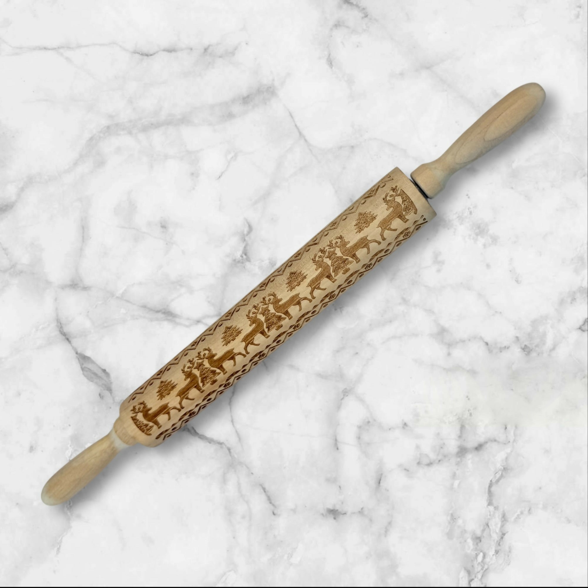 Vintage Christmas Embossed Rolling Pin Reindeer Wood | Excellent Condition