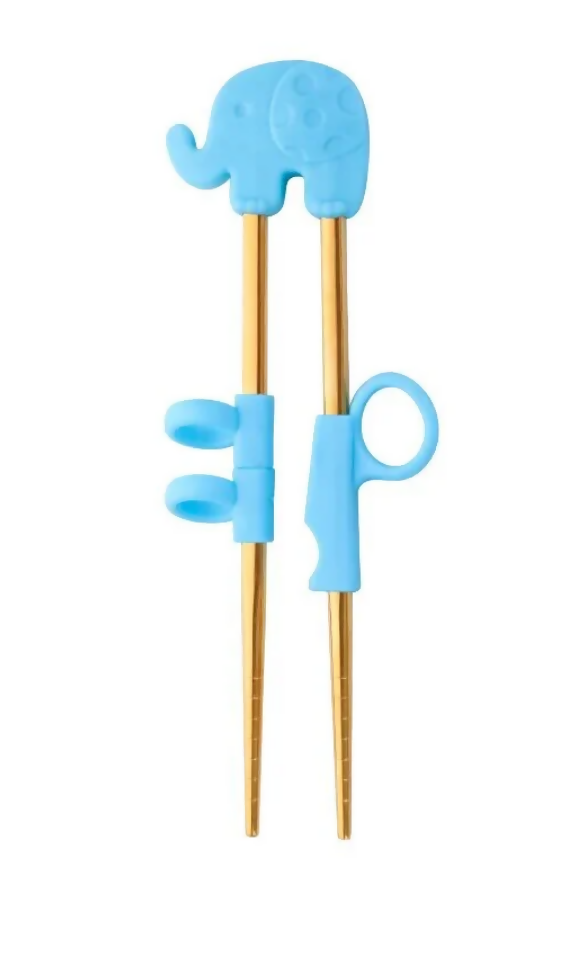 Anygleam Blue Gold Elephant Chopsticks – 1 Pair | Reusable Stainless Steel Cartoon Kids Utensils