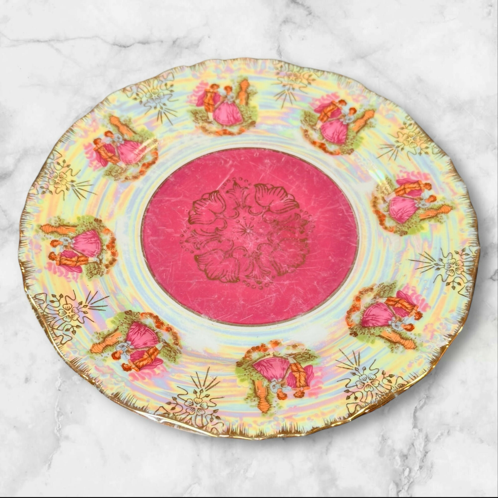 Vintage Japanese Lustreware Courting Couple Salad Plates | Set of 4 | Good Condition