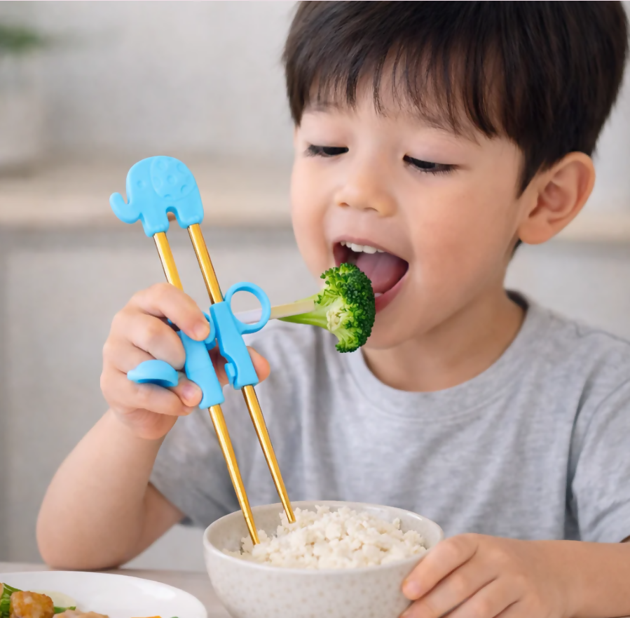 Anygleam Blue Gold Elephant Chopsticks – 1 Pair | Reusable Stainless Steel Cartoon Kids Utensils