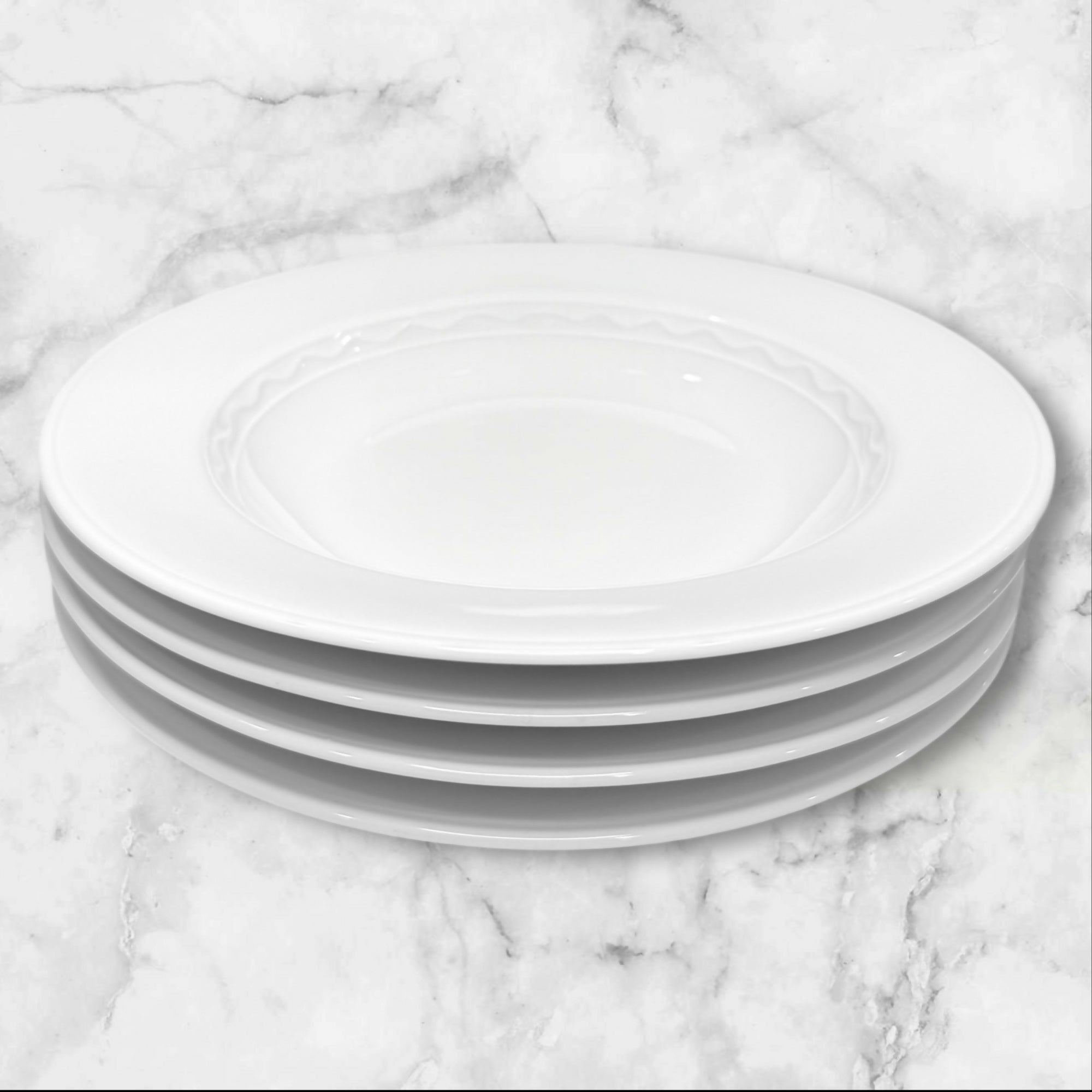 Crate & Barrel Palazzo White Porcelain Rim Soup Bowls | Set of 4 | Excellent Condition