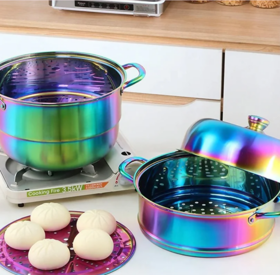 Anygleam Food Steamer Rainbow Three Layer Thick Stainless Steel Universal Cooking for Induction Cooker Gas Stove Steam Pot