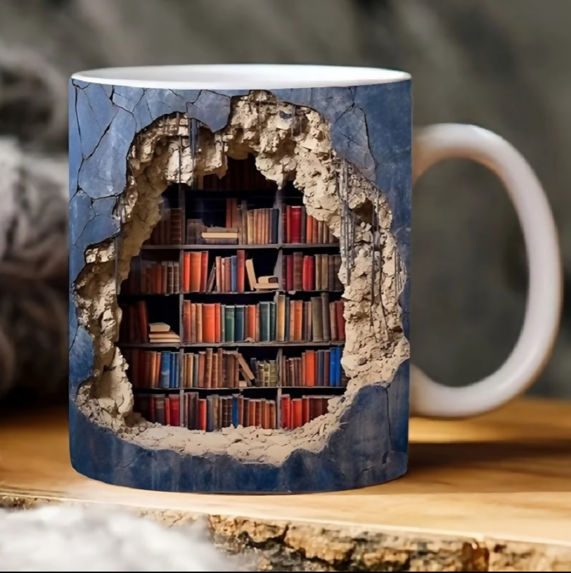 ANYGLEAM Coffee Mug Blue 3D Bookshelf Print Ceramic Drinkware