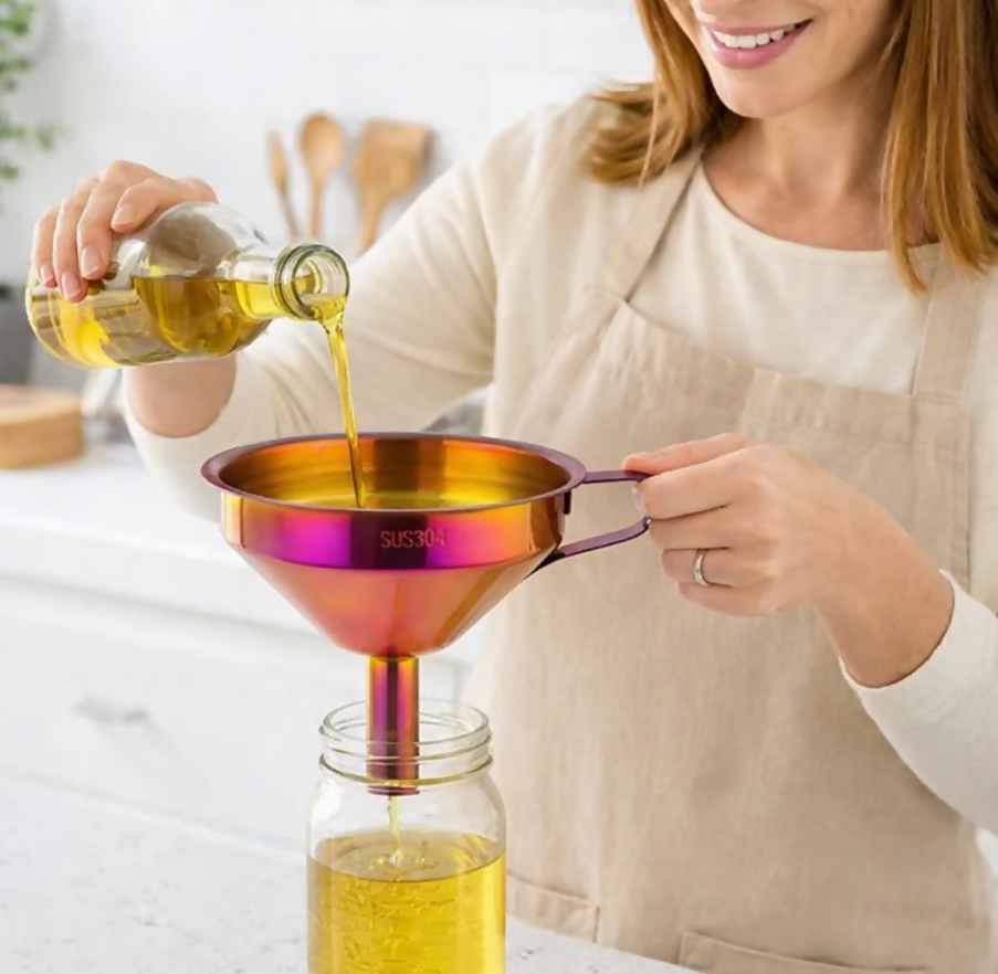 Anygleam Stainless Steel Funnel with Detachable Strainer –1 Pc Red Rainbow Wide Cone Mouth for Small Jars, Silver Kitchen Utensil