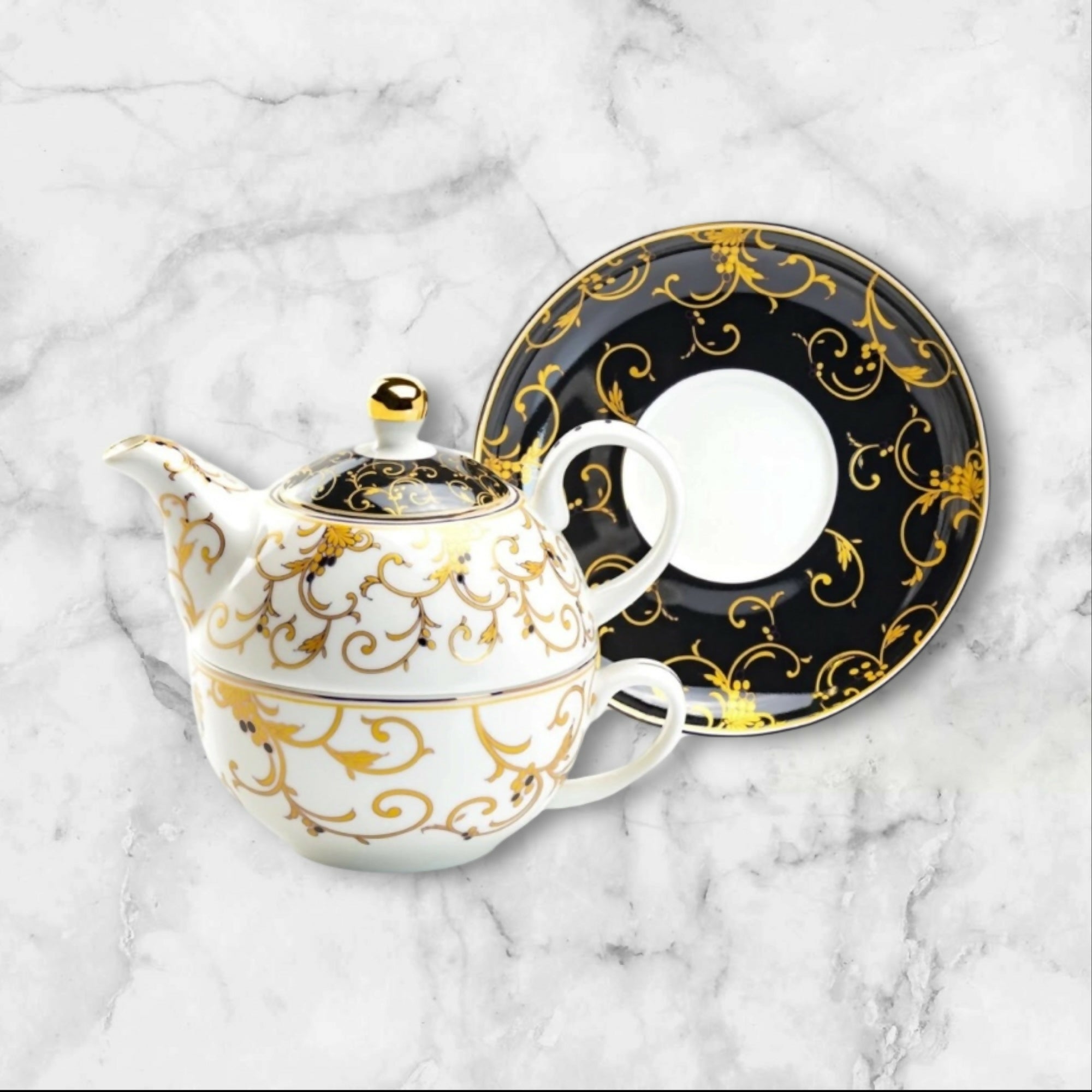 Grace Teaware China Black Gold Scroll Tea For One Set | Single | Excellent Condition