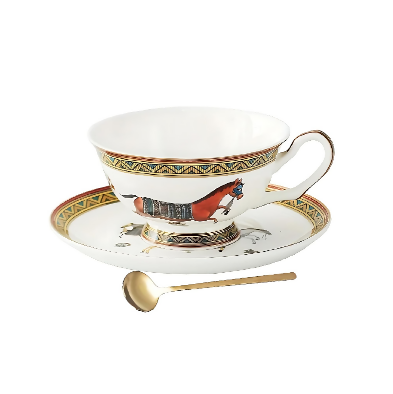 Anygleam Tea Cup White With Saucer Gold Spoon Running Horse Design Vintage Drinkware