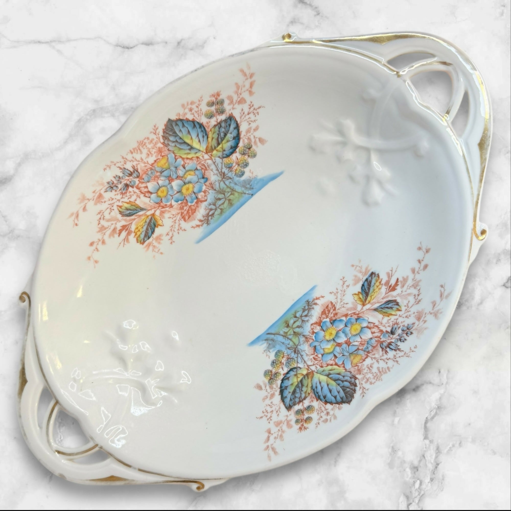 Vintage M Zdekauer Altrohlau Platter Floral Gold Czech 15” Handles