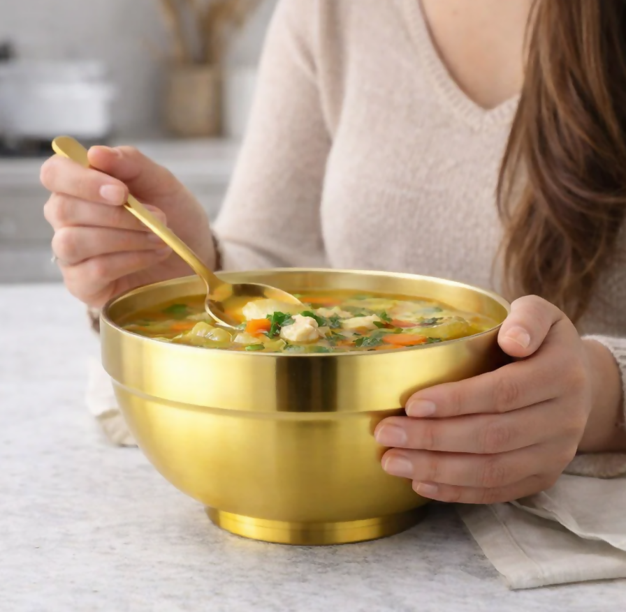 Anygleam Gold Rice Bowls – 5Pcs Big Stainless Steel, Single-Layer Anti-Scalding Cooking Utensils