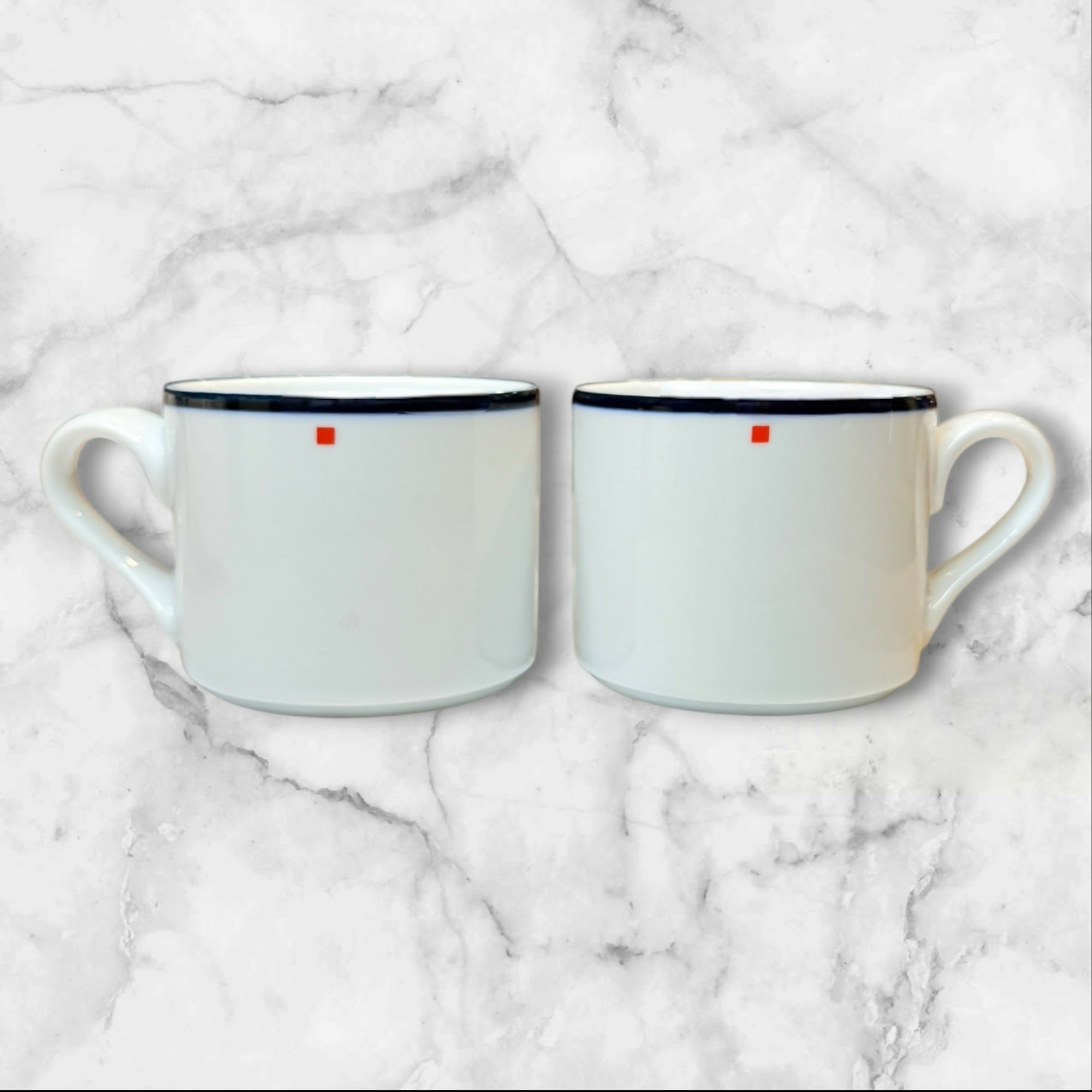 Dansk Bistro Mug Set of 2 White Blue Rim Red Square | Rare | Excellent Condition