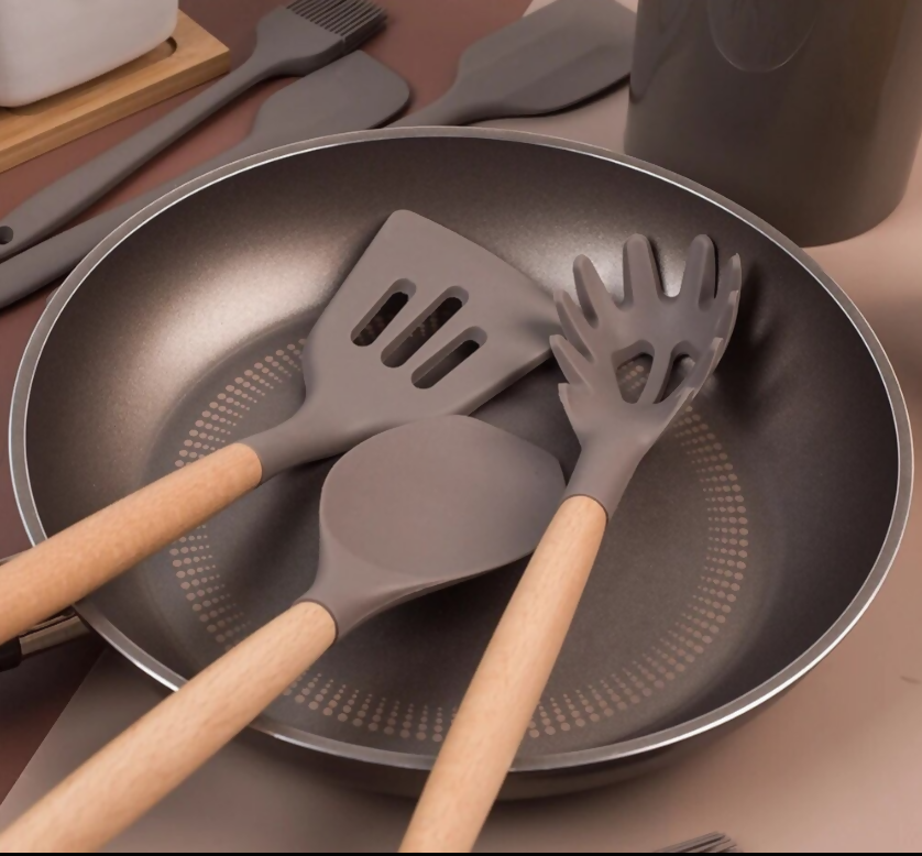 Anygleam Kitchen Utensils 8 Set Natural Beech Wooden Handle Cookware Tool with Storage Heat Resistant Non Stick Accessories