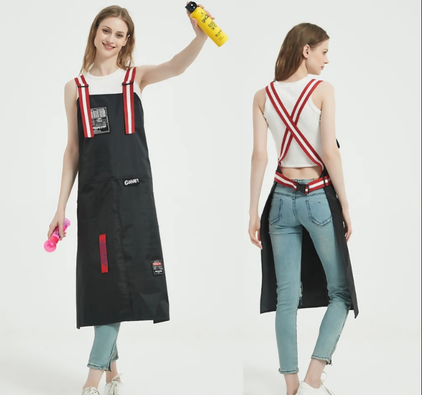 Anypron Black Waterproof Adjustable Apron with Red Trim and 2 Pockets